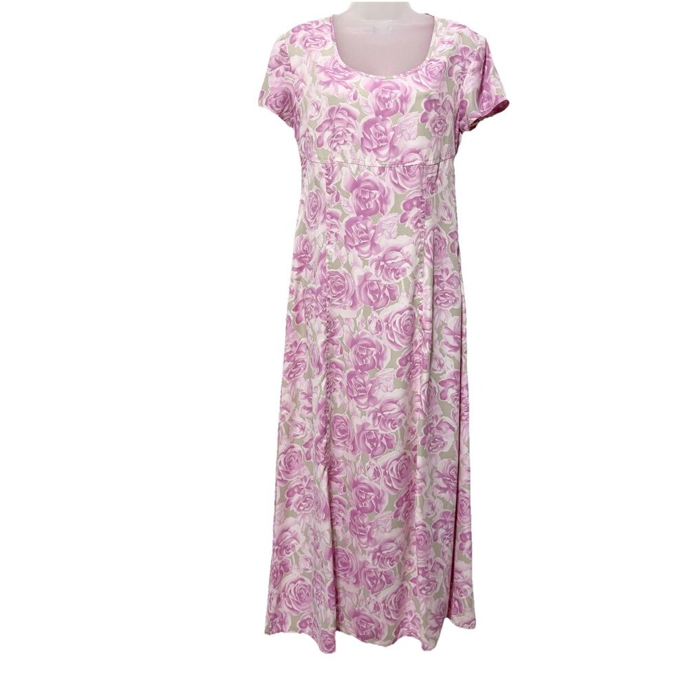 Vittadini Pink Rose Floral Maxi Dress Women M Short Sleeve Cottagecore Romantic